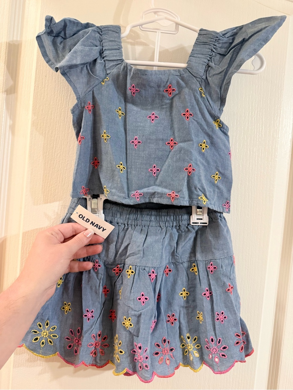 Old Navy Blue Chambray Two-Piece Set with Pink & Yellow Embroidery